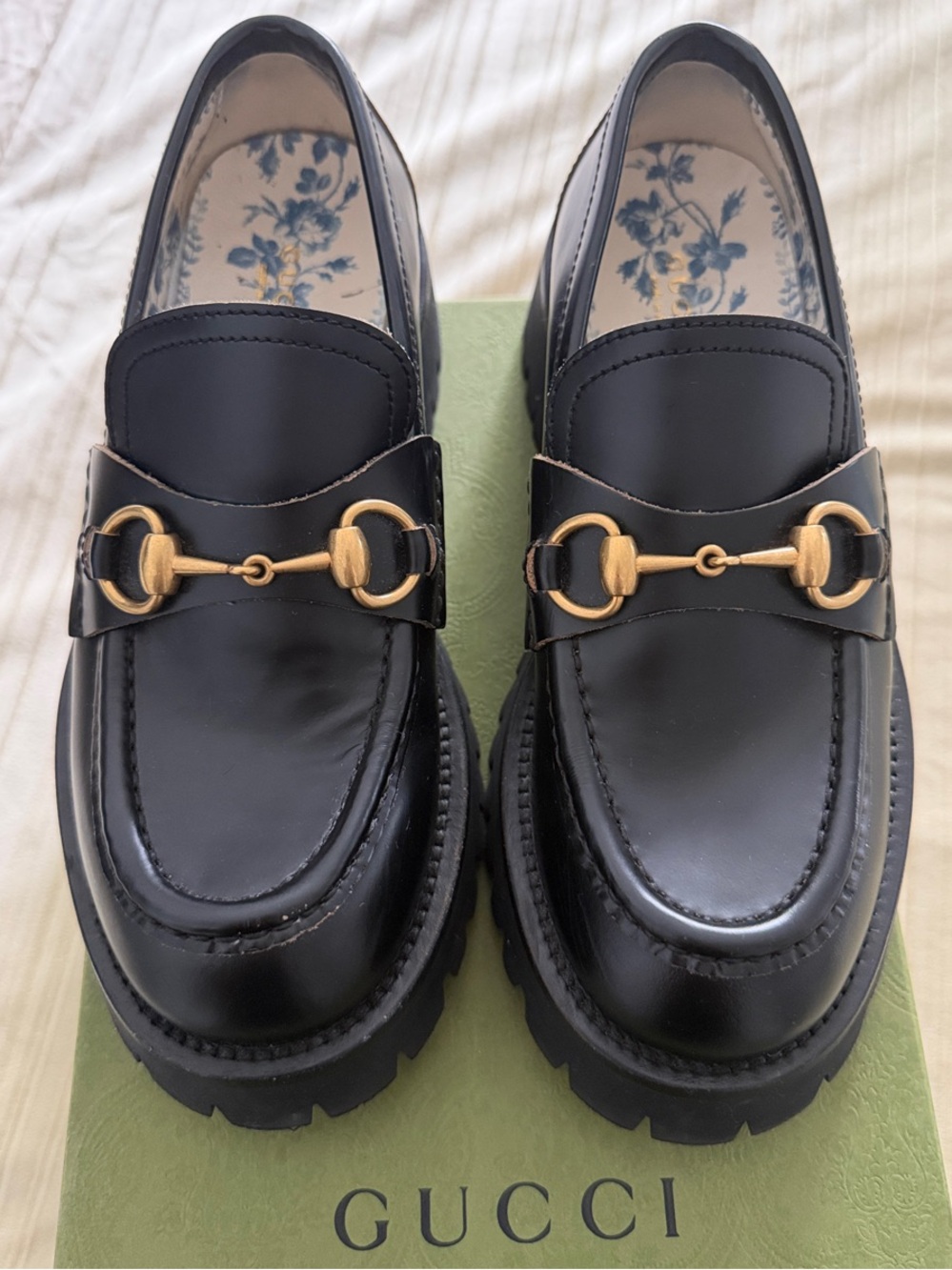 Gucci Black Leather Lug-Sole Horsebit Loafers with Gold Hardware